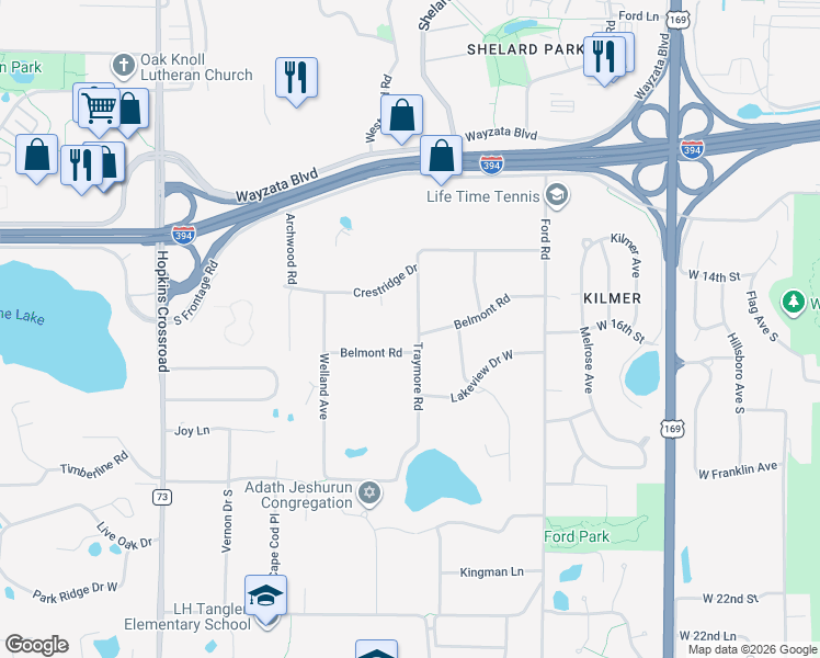 map of restaurants, bars, coffee shops, grocery stores, and more near 1608 Traymore Road in Hopkins