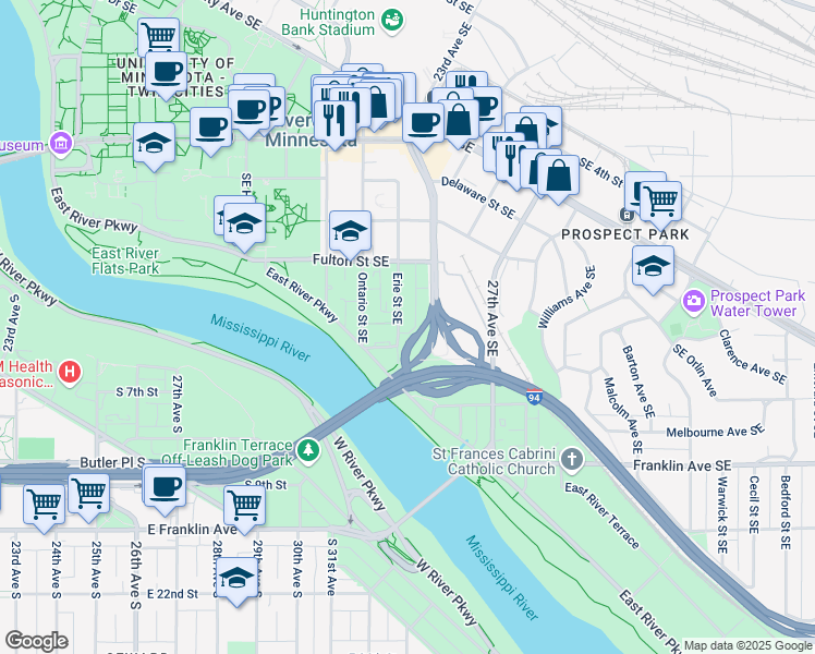 map of restaurants, bars, coffee shops, grocery stores, and more near 638 Huron Boulevard Southeast in Minneapolis