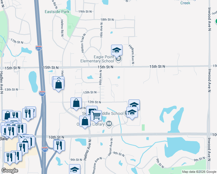 map of restaurants, bars, coffee shops, grocery stores, and more near 1314 Holly Avenue North in Oakdale