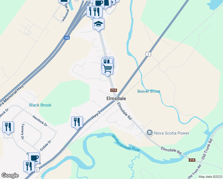 map of restaurants, bars, coffee shops, grocery stores, and more near 148 Nova Scotia 214 in Elmsdale