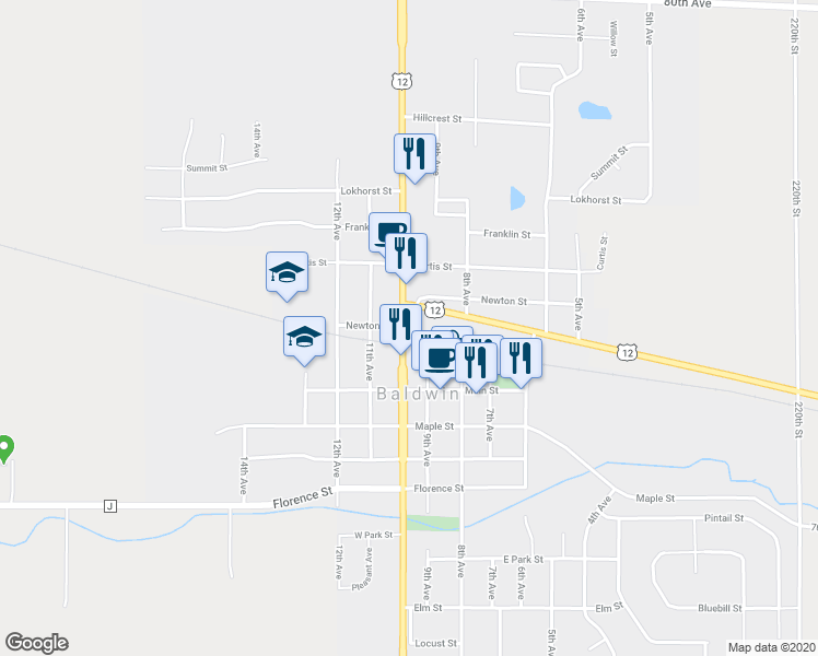 map of restaurants, bars, coffee shops, grocery stores, and more near 930 10th Avenue in Baldwin