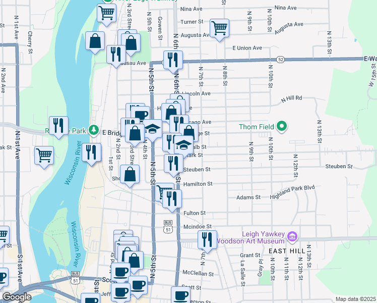 map of restaurants, bars, coffee shops, grocery stores, and more near 1405 North 6th Street in Wausau