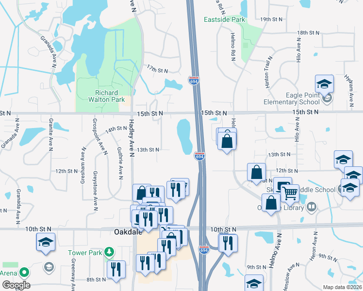 map of restaurants, bars, coffee shops, grocery stores, and more near Interstate 694 in Oakdale