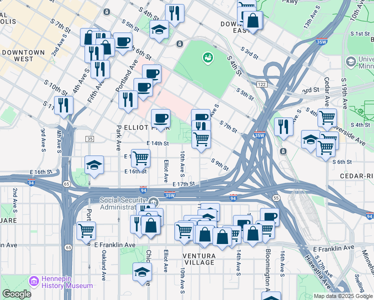 map of restaurants, bars, coffee shops, grocery stores, and more near 1415 10th Avenue South in Minneapolis