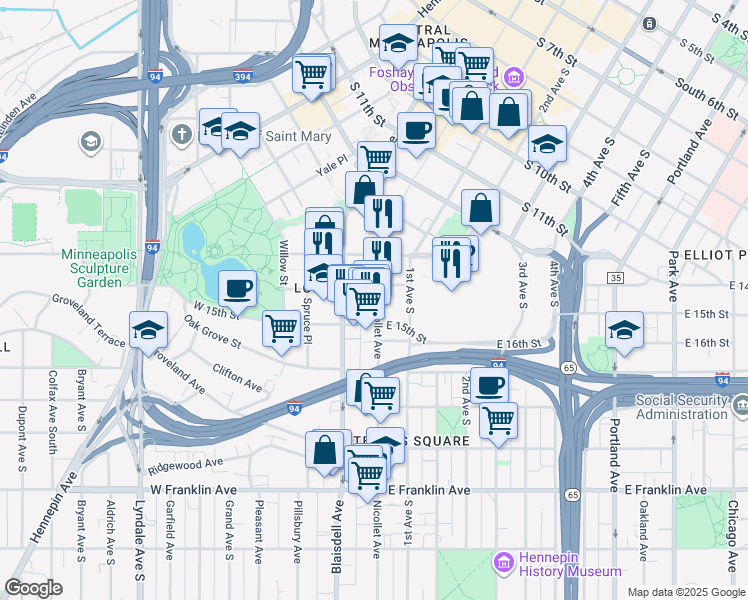 map of restaurants, bars, coffee shops, grocery stores, and more near 1410 Nicollet Avenue in Minneapolis