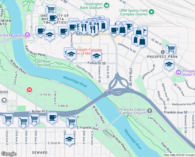 map of restaurants, bars, coffee shops, grocery stores, and more near 805 East River Parkway in Minneapolis