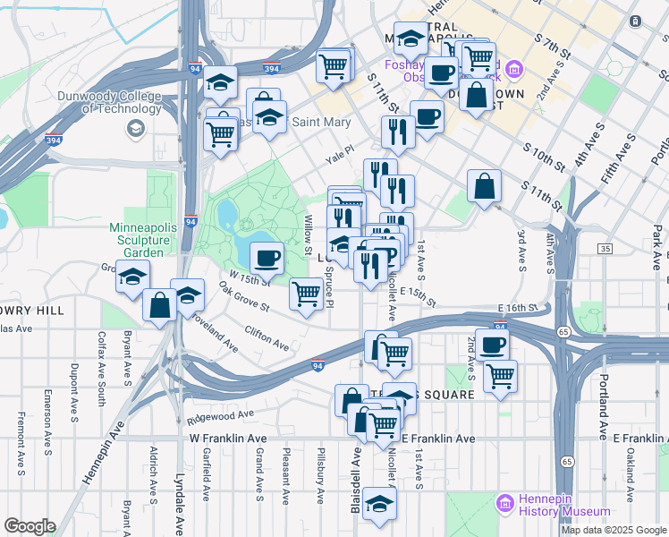 map of restaurants, bars, coffee shops, grocery stores, and more near 5 Spruce Place in Minneapolis