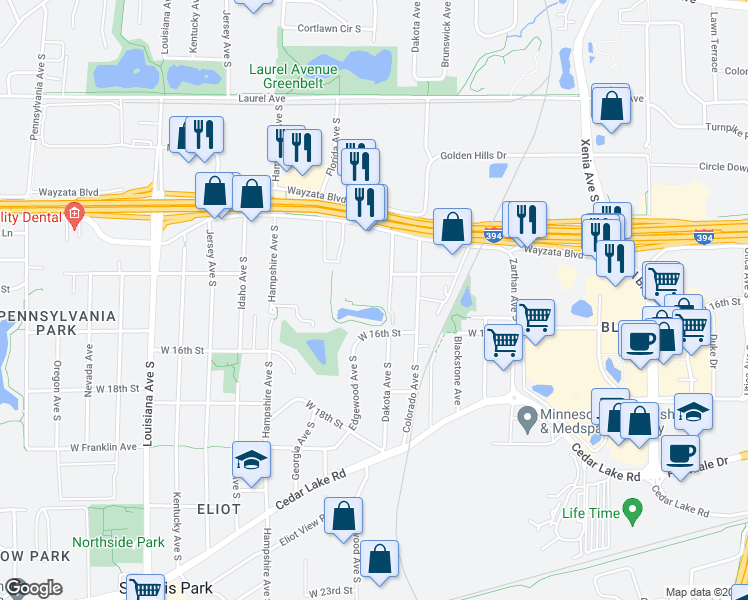 map of restaurants, bars, coffee shops, grocery stores, and more near 1400 Dakota Avenue South in St. Louis Park