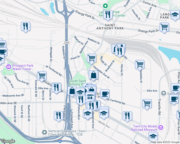 map of restaurants, bars, coffee shops, grocery stores, and more near 2381 Long Avenue in Saint Paul
