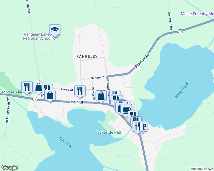 map of restaurants, bars, coffee shops, grocery stores, and more near 12 Pleasant Street in Rangeley