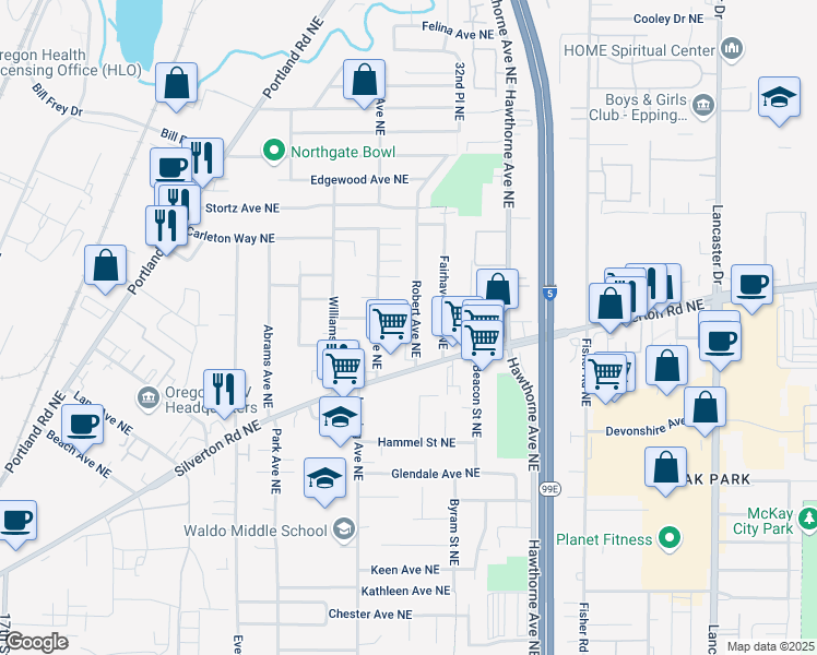 map of restaurants, bars, coffee shops, grocery stores, and more near 3387 Robert Avenue Northeast in Salem