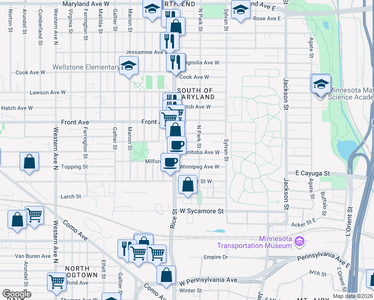map of restaurants, bars, coffee shops, grocery stores, and more near 117 Manitoba Avenue West in Saint Paul
