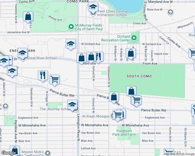 map of restaurants, bars, coffee shops, grocery stores, and more near 906 Oxford Street North in Saint Paul