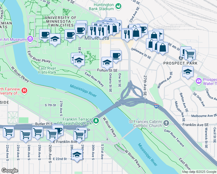 map of restaurants, bars, coffee shops, grocery stores, and more near 805 East River Parkway in Minneapolis