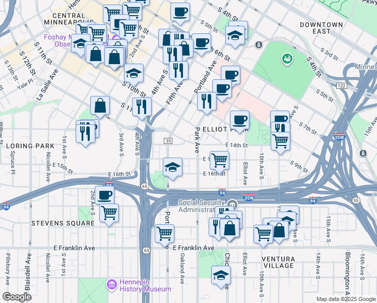 map of restaurants, bars, coffee shops, grocery stores, and more near 1415 Park Avenue in Minneapolis