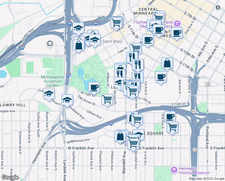 map of restaurants, bars, coffee shops, grocery stores, and more near 5 Spruce Place in Minneapolis