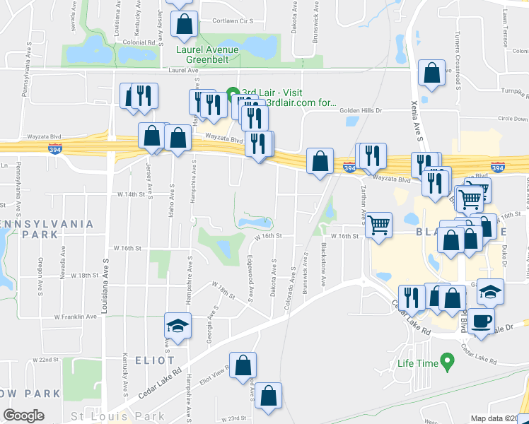 map of restaurants, bars, coffee shops, grocery stores, and more near 1400 Dakota Avenue South in St. Louis Park