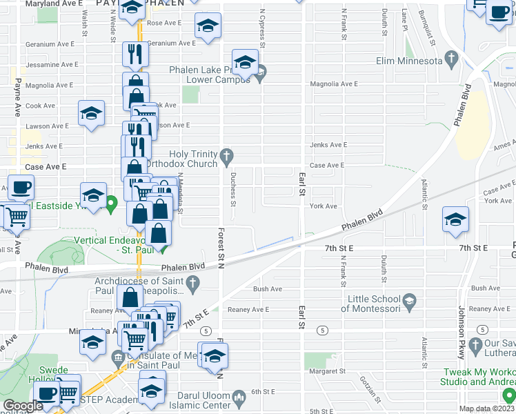 map of restaurants, bars, coffee shops, grocery stores, and more near 906 Russell Street in Saint Paul