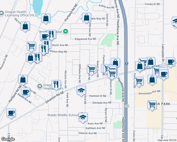 map of restaurants, bars, coffee shops, grocery stores, and more near 3395 30th Avenue Northeast in Salem