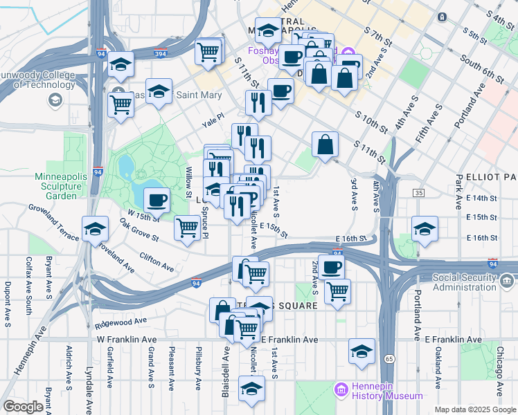 map of restaurants, bars, coffee shops, grocery stores, and more near 1411 Nicollet Avenue in Minneapolis