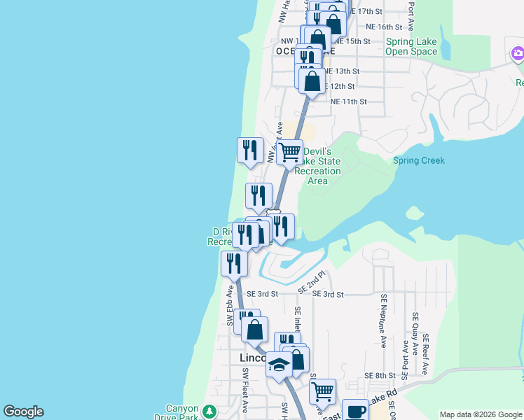 map of restaurants, bars, coffee shops, grocery stores, and more near Southeast Inlet Avenue in Lincoln City