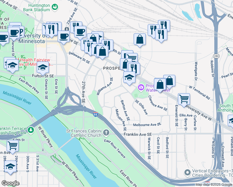 map of restaurants, bars, coffee shops, grocery stores, and more near 100 Malcolm Avenue Southeast in Minneapolis