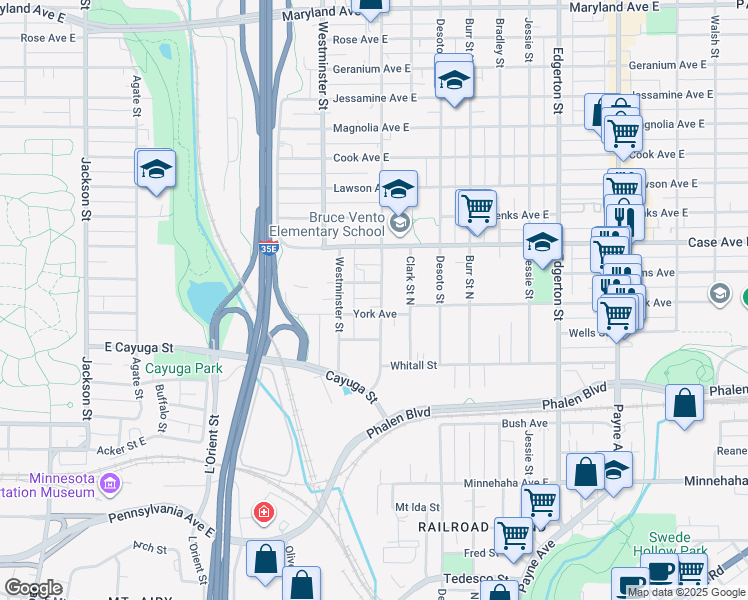 map of restaurants, bars, coffee shops, grocery stores, and more near 905 Arkwright Street North in Saint Paul