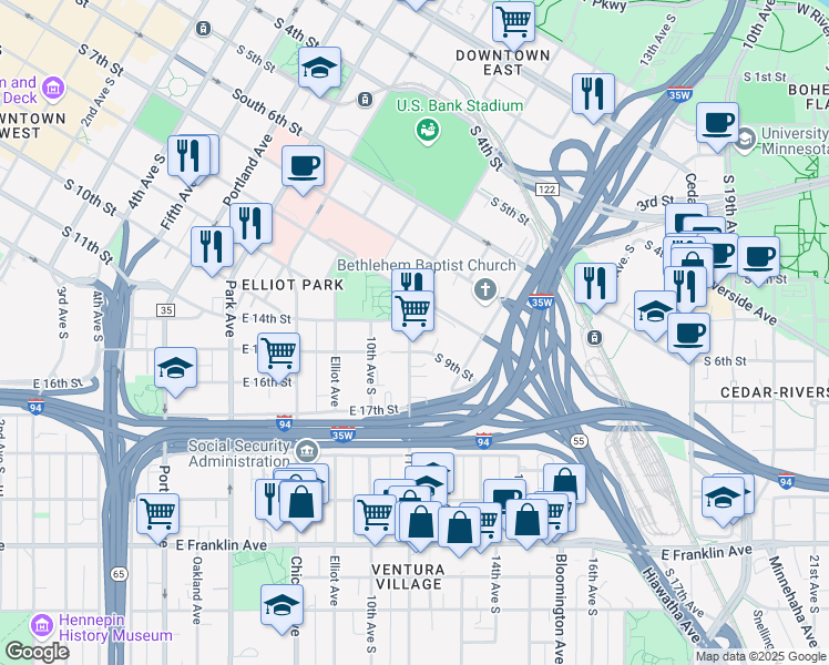 map of restaurants, bars, coffee shops, grocery stores, and more near 1409 South 11th Street in Minneapolis