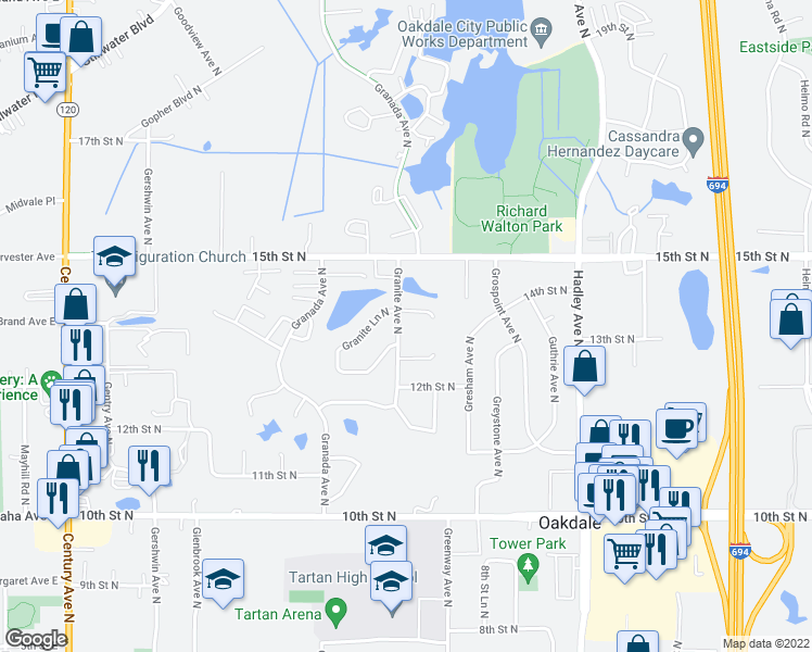 map of restaurants, bars, coffee shops, grocery stores, and more near 1341 Granite Avenue North in Oakdale