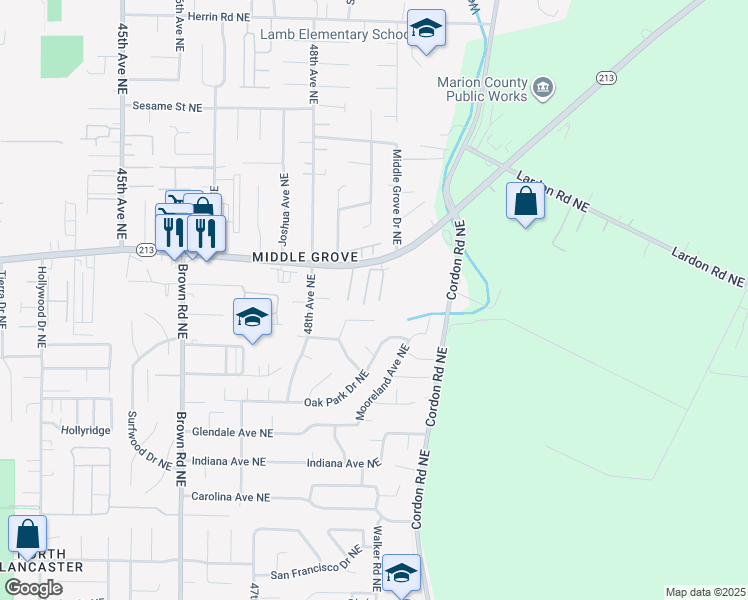 map of restaurants, bars, coffee shops, grocery stores, and more near 4886 Silverton Road Northeast in Salem