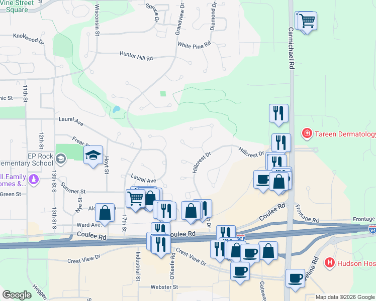 map of restaurants, bars, coffee shops, grocery stores, and more near 2168 Oakgrove Court in Hudson