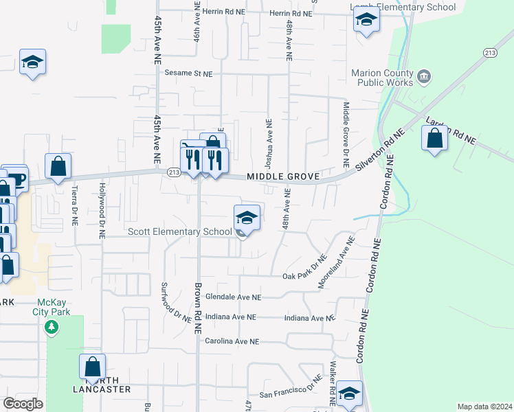 map of restaurants, bars, coffee shops, grocery stores, and more near 4875 Wyoming Circle Northeast in Salem