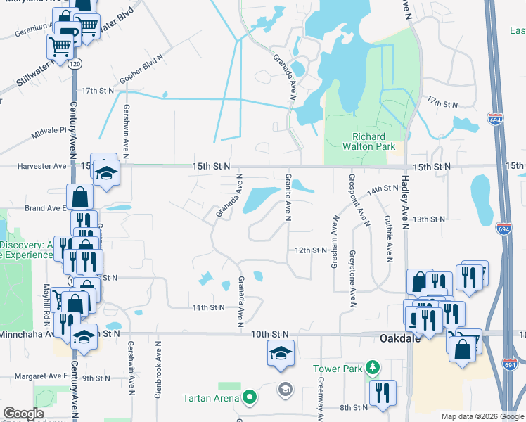 map of restaurants, bars, coffee shops, grocery stores, and more near 1368 Granite Lane North in Saint Paul