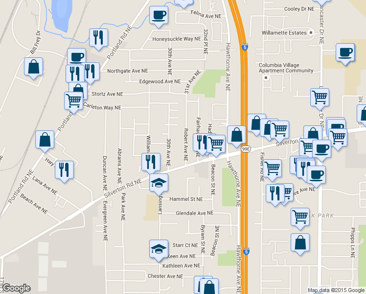map of restaurants, bars, coffee shops, grocery stores, and more near 3387 Robert Ave NE in Salem