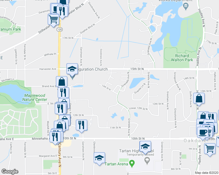 map of restaurants, bars, coffee shops, grocery stores, and more near 6384 13th Street North in Oakdale