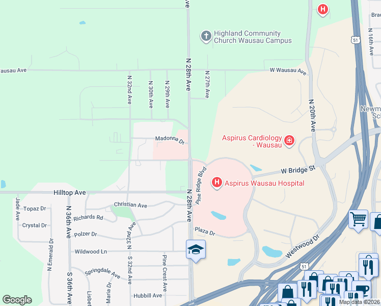 map of restaurants, bars, coffee shops, grocery stores, and more near 598 N 28th Ave in Wausau