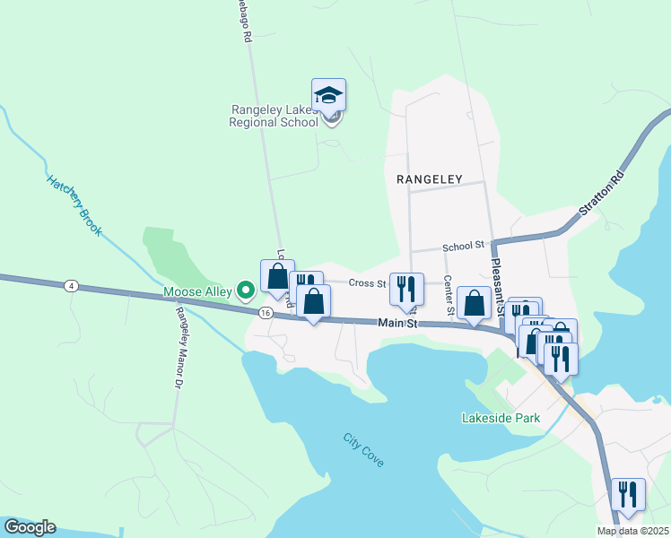 map of restaurants, bars, coffee shops, grocery stores, and more near 69 Cross Street in Rangeley