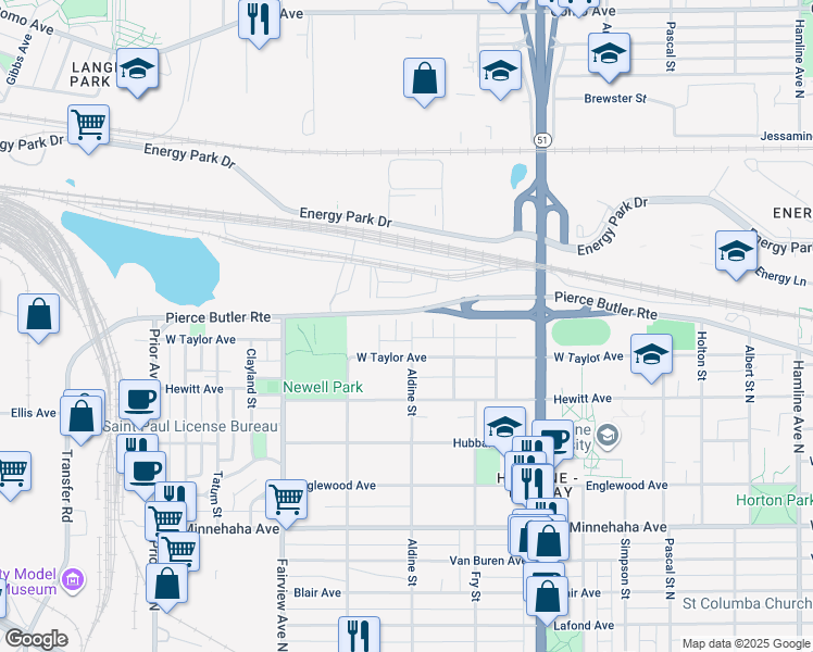 map of restaurants, bars, coffee shops, grocery stores, and more near 915 Aldine Street in Saint Paul