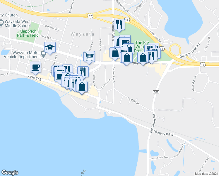 map of restaurants, bars, coffee shops, grocery stores, and more near 317 Wise Avenue in Wayzata