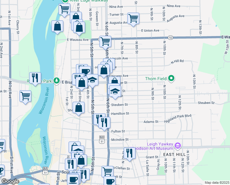 map of restaurants, bars, coffee shops, grocery stores, and more near 1405 North 6th Street in Wausau