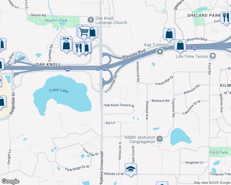 map of restaurants, bars, coffee shops, grocery stores, and more near 11055 Wayzata Boulevard in Minnetonka