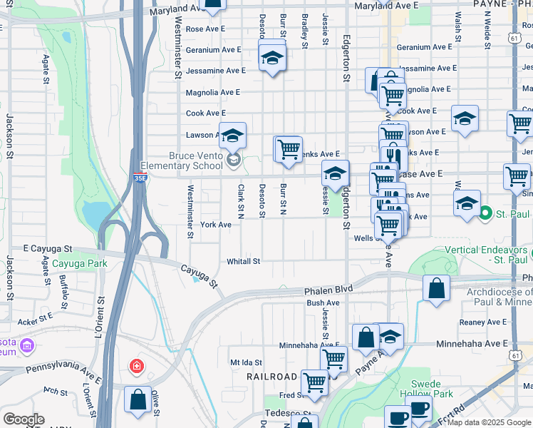 map of restaurants, bars, coffee shops, grocery stores, and more near 906 Desoto Street in Saint Paul