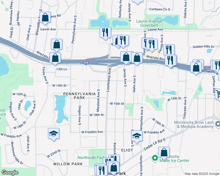 map of restaurants, bars, coffee shops, grocery stores, and more near 1425 Louisiana Avenue South in Minneapolis