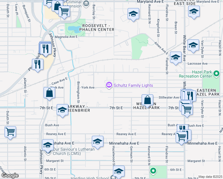 map of restaurants, bars, coffee shops, grocery stores, and more near 907 Hazelwood Street in Saint Paul