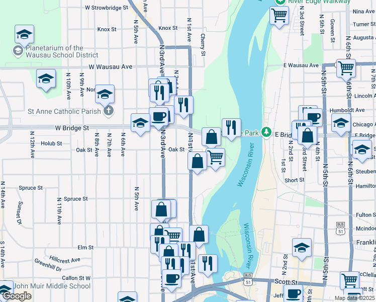 map of restaurants, bars, coffee shops, grocery stores, and more near 432 North 1st Avenue in Wausau