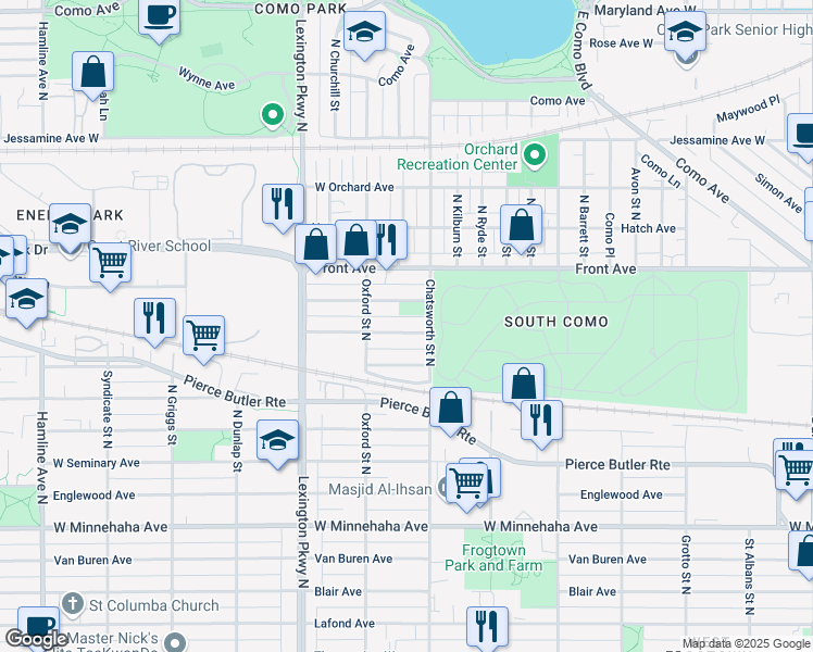 map of restaurants, bars, coffee shops, grocery stores, and more near 1001 Burgess Street in Saint Paul