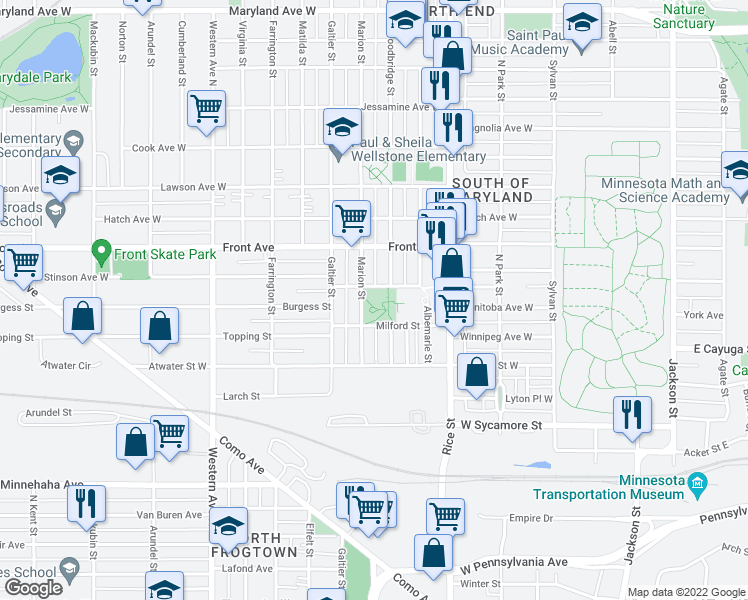 map of restaurants, bars, coffee shops, grocery stores, and more near 900 Marion Street in Saint Paul