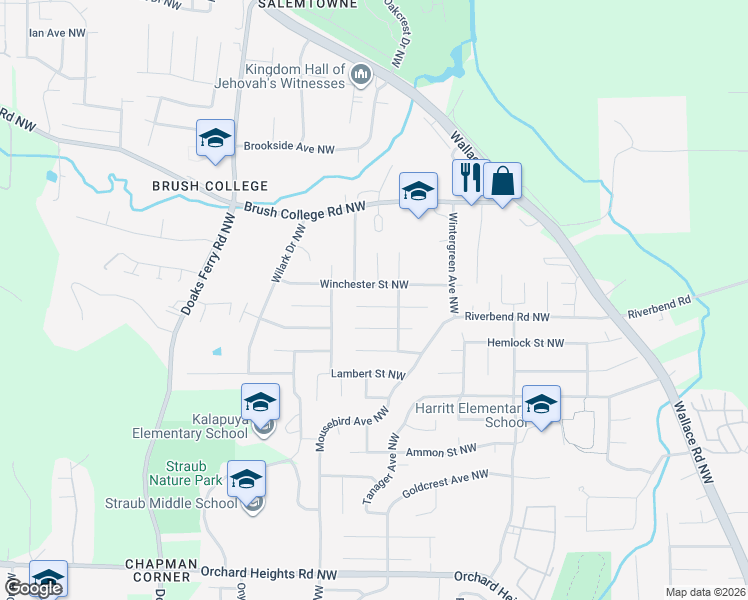 map of restaurants, bars, coffee shops, grocery stores, and more near 1845 Westchester Ct NW in Salem