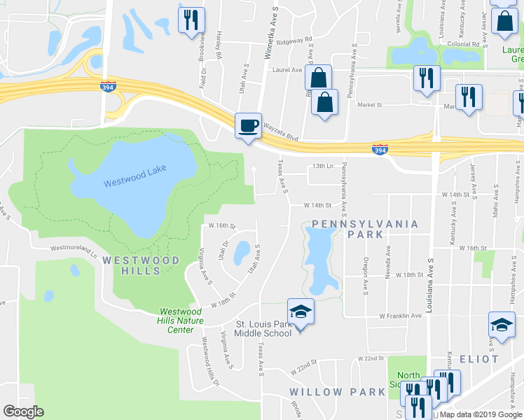 map of restaurants, bars, coffee shops, grocery stores, and more near 1435 Westwood Hills Road in Minneapolis