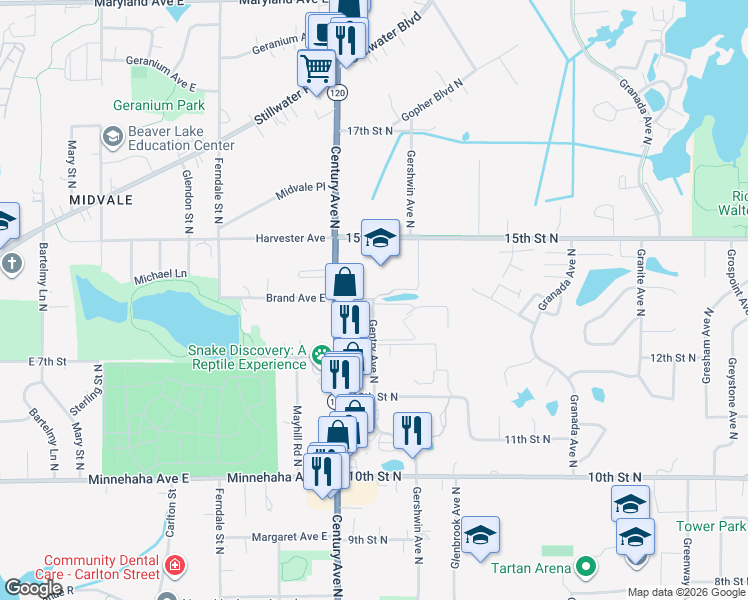 map of restaurants, bars, coffee shops, grocery stores, and more near 2181 Gentry Avenue North in Oakdale